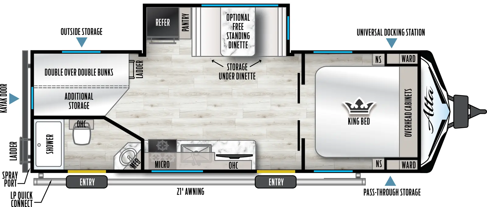 The Alta 2475KBH floorplan has two entries and one slide out. Exterior features include: fiberglass exterior and 21' awning. Interiors features include: bunk beds, free-standing dinette option and front bedroom.